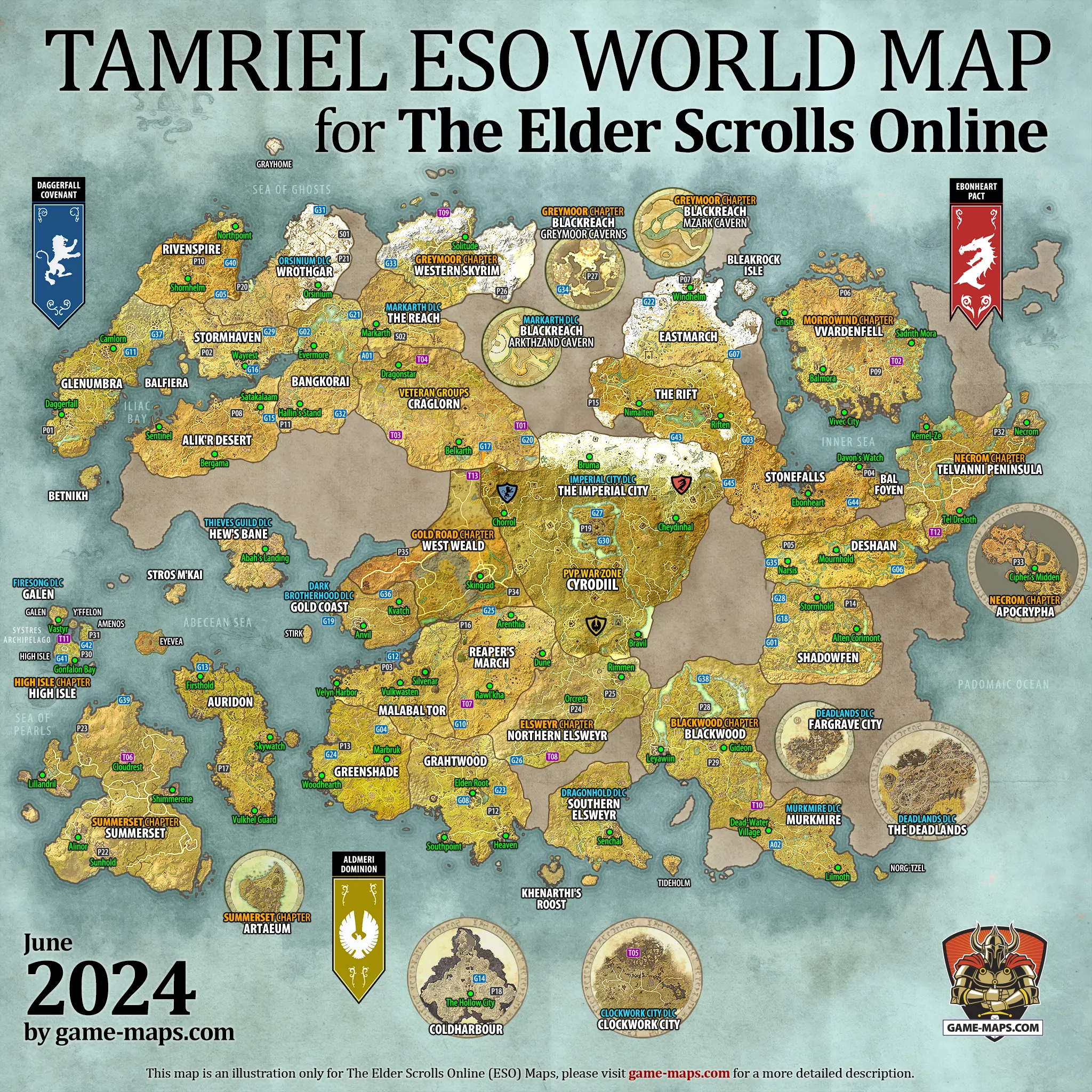 Carte de Tamriel dans The Elder Scrolls Online montrant les zones jouables et non jouables en 2025 - Source: game-maps.com